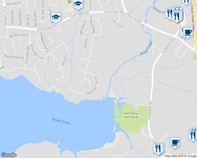 map of restaurants, bars, coffee shops, grocery stores, and more near 10014 Edgewater Terrace in Fort Washington