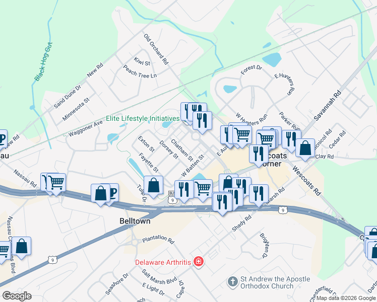 map of restaurants, bars, coffee shops, grocery stores, and more near 19240 Farros Alley in Lewes