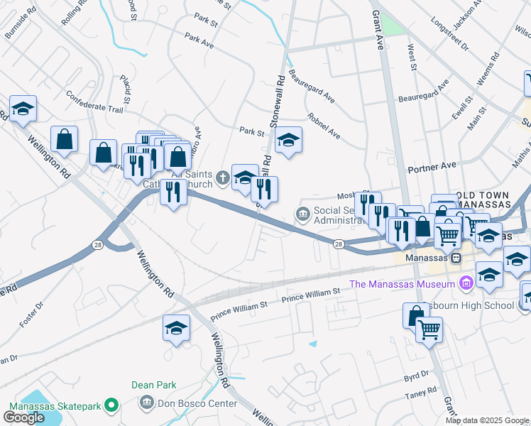 map of restaurants, bars, coffee shops, grocery stores, and more near 9550 Center Street in Manassas