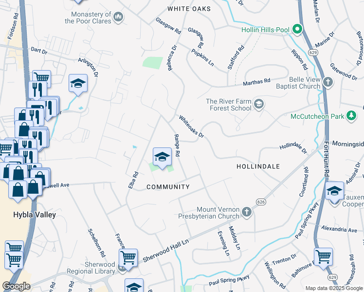 map of restaurants, bars, coffee shops, grocery stores, and more near 2115 Mason Hill Drive in Alexandria