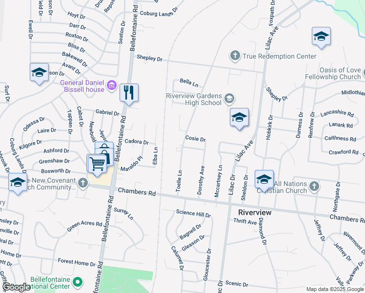 map of restaurants, bars, coffee shops, grocery stores, and more near 10075 Toelle Lane in St. Louis
