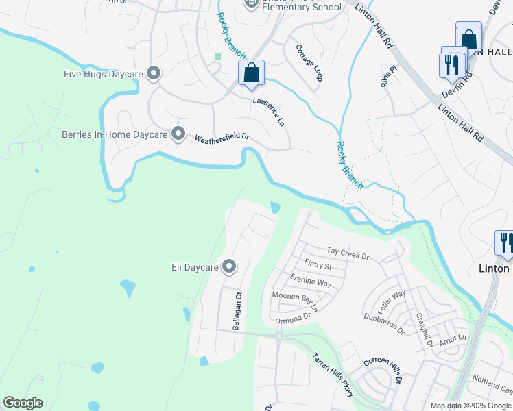 map of restaurants, bars, coffee shops, grocery stores, and more near 9530 Laurencekirk Place in Bristow