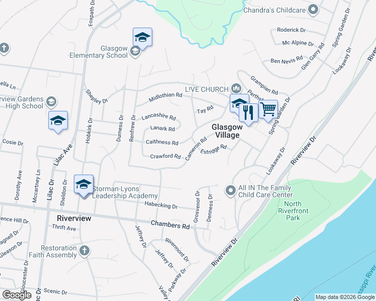 map of restaurants, bars, coffee shops, grocery stores, and more near 326 Caithness Road in St. Louis