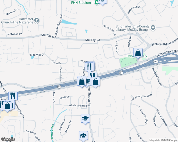map of restaurants, bars, coffee shops, grocery stores, and more near 707 Broadridge Drive in Saint Peters