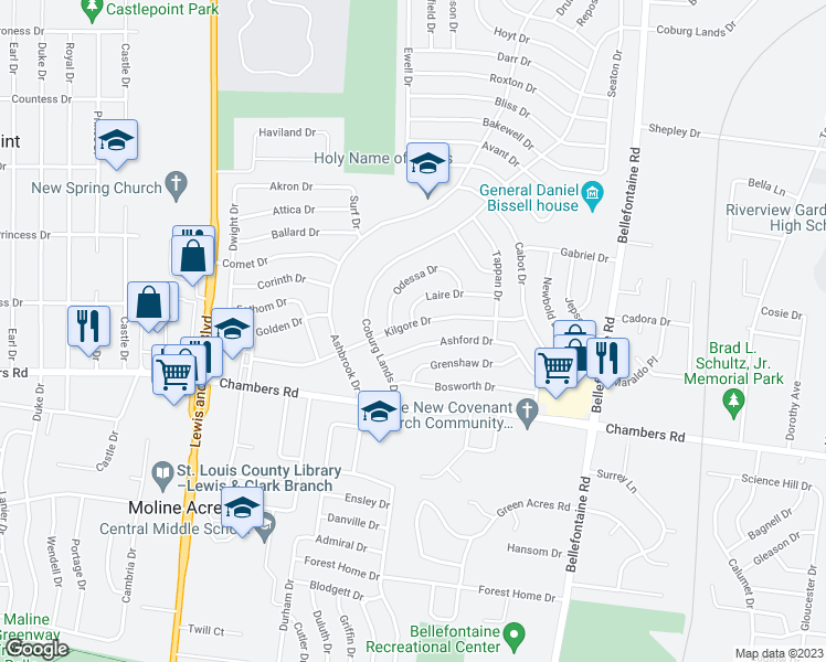 map of restaurants, bars, coffee shops, grocery stores, and more near 1224 Kilgore Drive in St. Louis