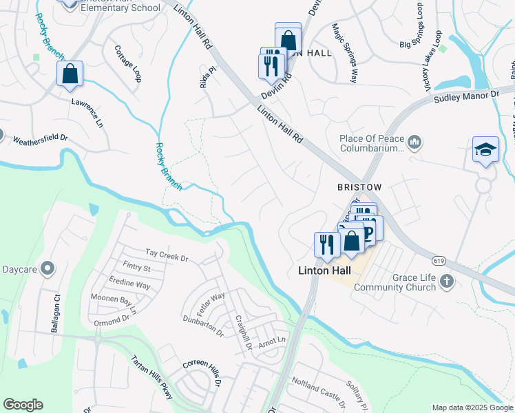 map of restaurants, bars, coffee shops, grocery stores, and more near 12916 Ness Hollow Court in Bristow