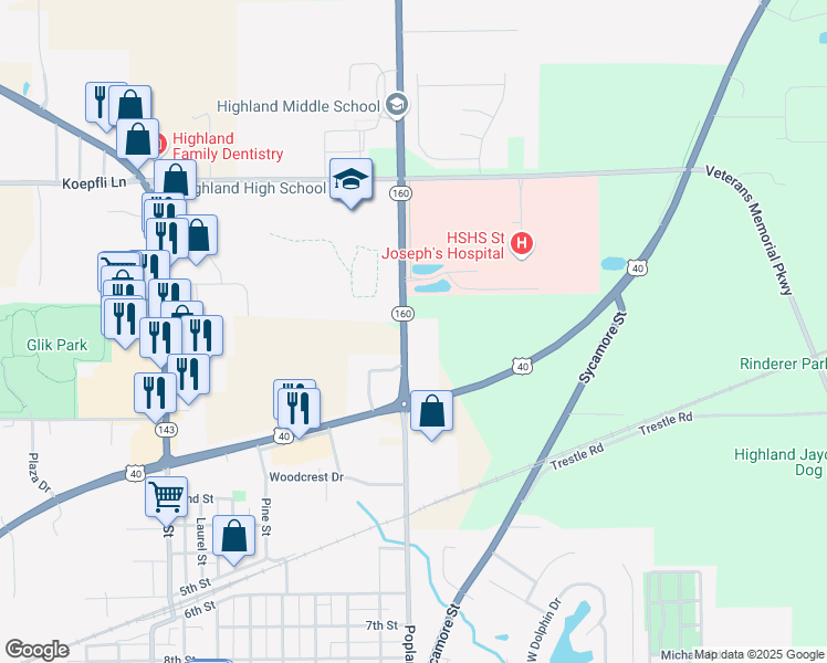 map of restaurants, bars, coffee shops, grocery stores, and more near 2702 Illinois 160 in Highland