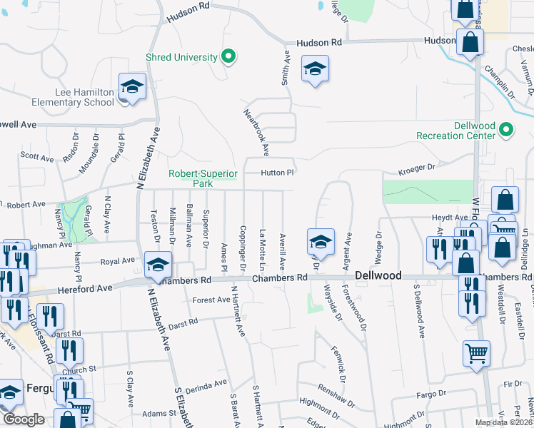 map of restaurants, bars, coffee shops, grocery stores, and more near 514 La Motte Lane in Ferguson