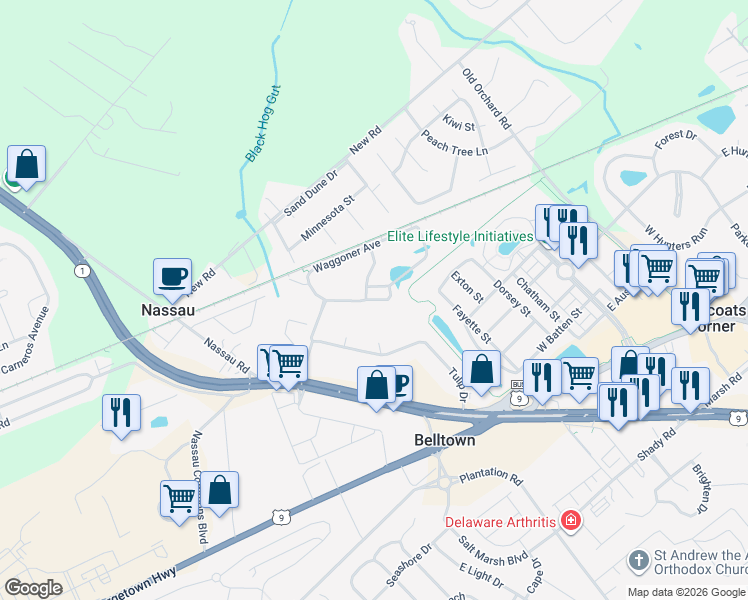 map of restaurants, bars, coffee shops, grocery stores, and more near 21078 Stillwater Drive in Lewes