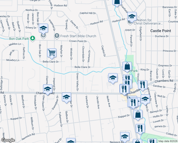 map of restaurants, bars, coffee shops, grocery stores, and more near 10078 Ventura Drive in St. Louis