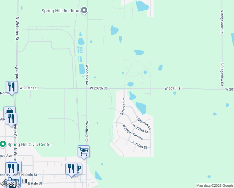 map of restaurants, bars, coffee shops, grocery stores, and more near 19556 West 207th Terrace in Spring Hill