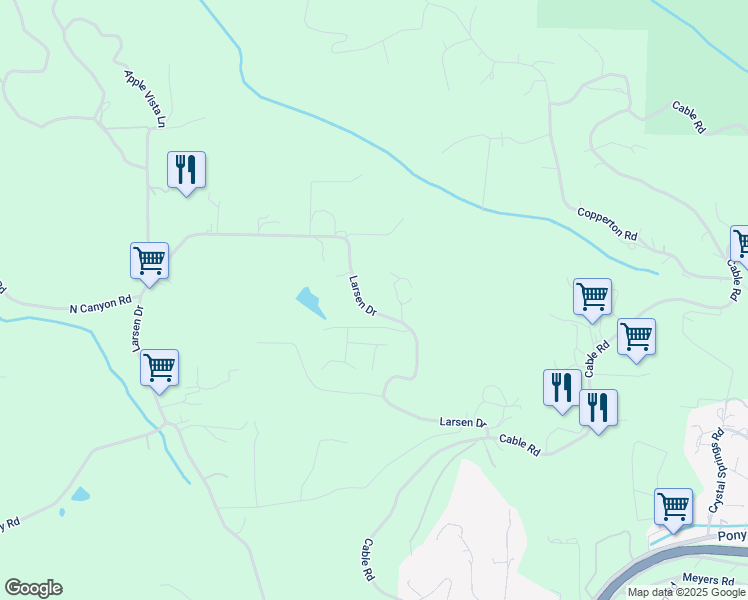 map of restaurants, bars, coffee shops, grocery stores, and more near 2148 Larsen Drive in Camino