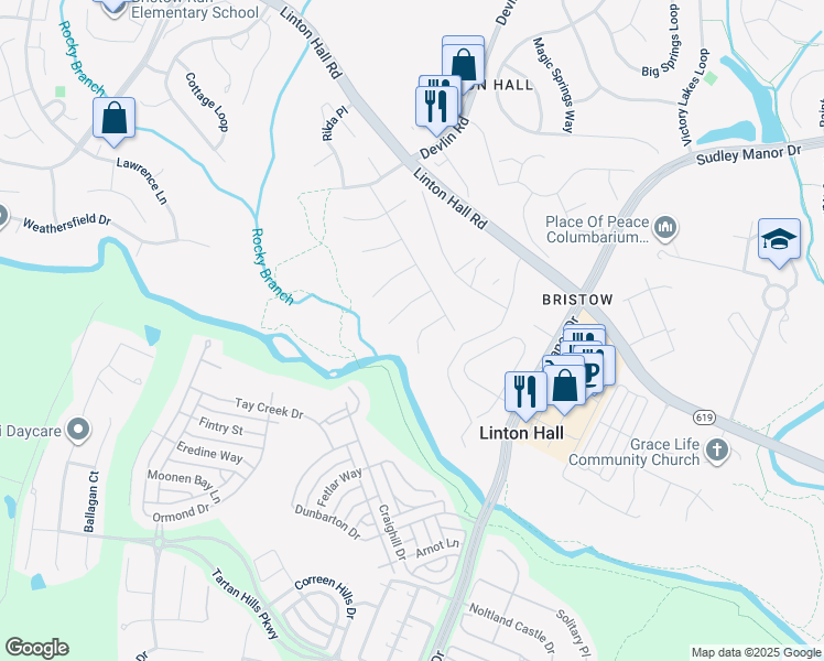 map of restaurants, bars, coffee shops, grocery stores, and more near 12916 Ness Hollow Court in Bristow