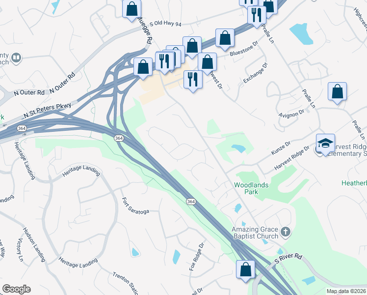 map of restaurants, bars, coffee shops, grocery stores, and more near 2341 Eagle Pines Drive in Saint Charles