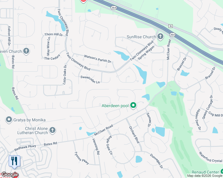map of restaurants, bars, coffee shops, grocery stores, and more near 2401 Macpherson Drive in O'Fallon