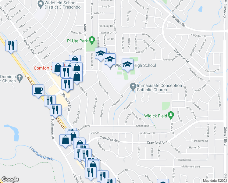 map of restaurants, bars, coffee shops, grocery stores, and more near 512 Widefield Drive in Colorado Springs