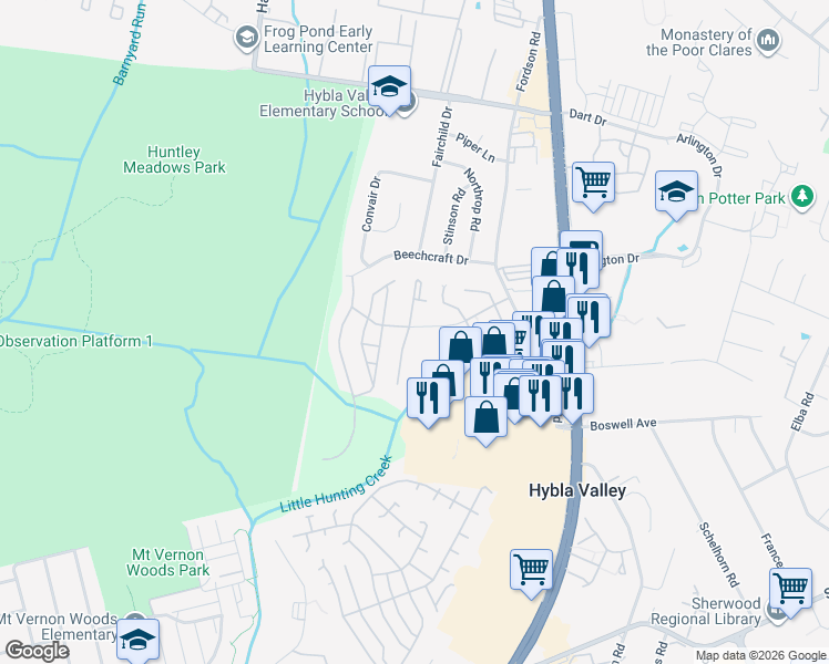 map of restaurants, bars, coffee shops, grocery stores, and more near 7701 White Heron tr in Alexandria