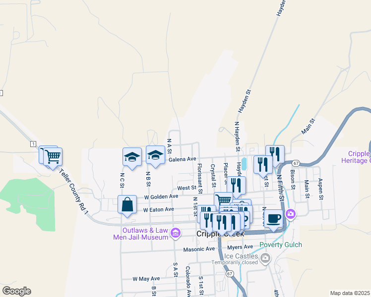 map of restaurants, bars, coffee shops, grocery stores, and more near 107 Hettig Avenue in Cripple Creek
