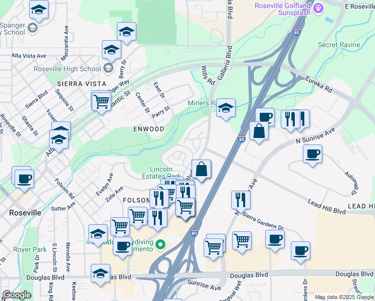 map of restaurants, bars, coffee shops, grocery stores, and more near 425 Forest Knoll in Roseville