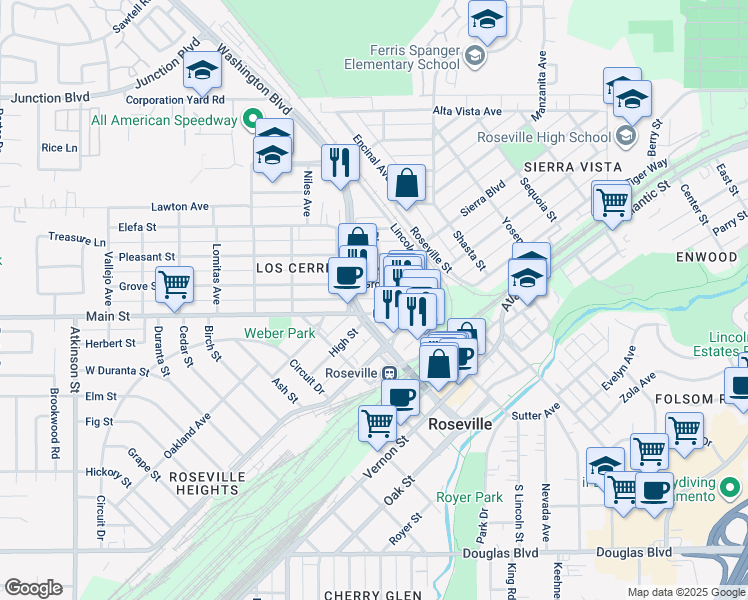 map of restaurants, bars, coffee shops, grocery stores, and more near 113 Placer Street in Roseville