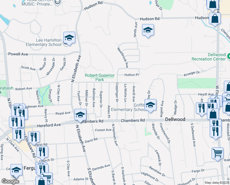 map of restaurants, bars, coffee shops, grocery stores, and more near 515 Coppinger Drive in St. Louis