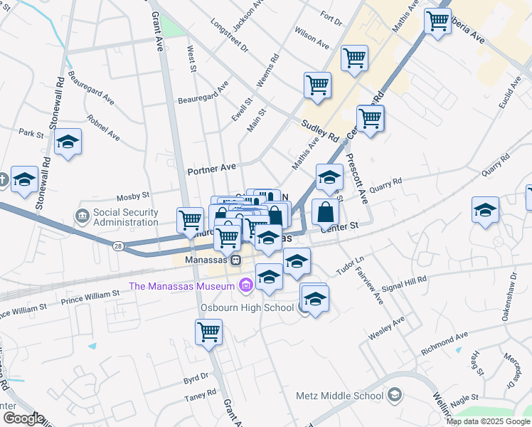 map of restaurants, bars, coffee shops, grocery stores, and more near 9351 East Street in Manassas