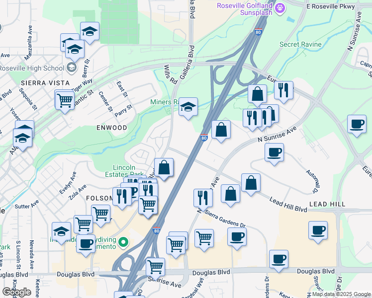 map of restaurants, bars, coffee shops, grocery stores, and more near 5 Sierra Gate Plaza in Roseville