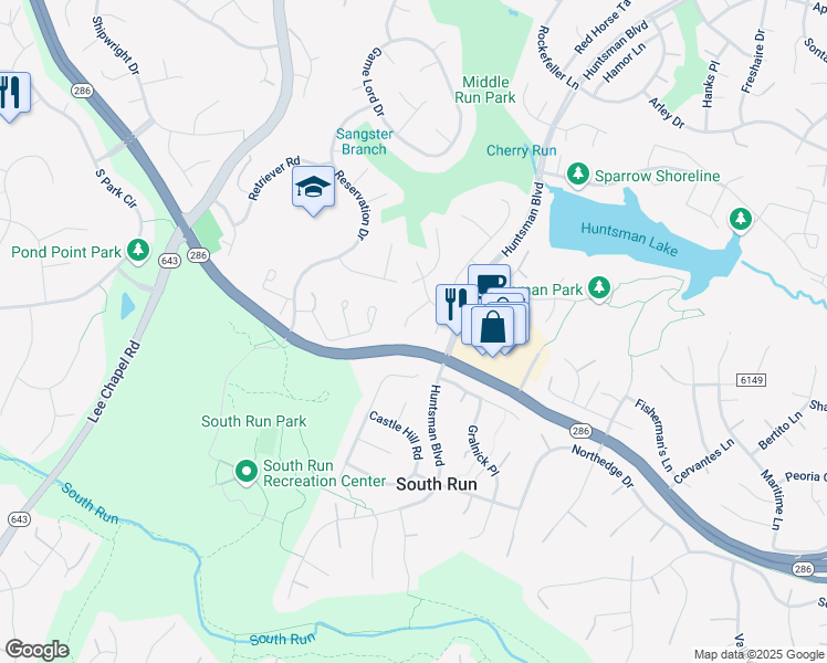 map of restaurants, bars, coffee shops, grocery stores, and more near 7419 Brian Run Court in Springfield