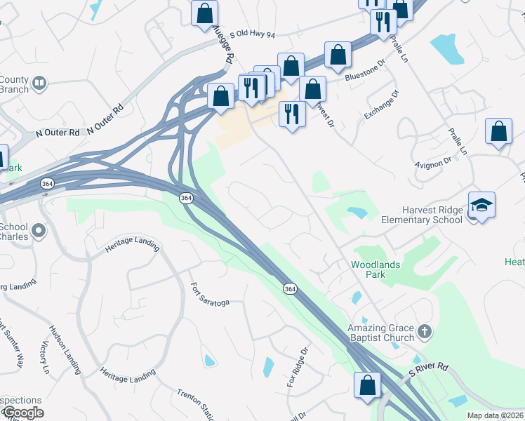 map of restaurants, bars, coffee shops, grocery stores, and more near 2341 Eagle Pines Drive in Saint Charles