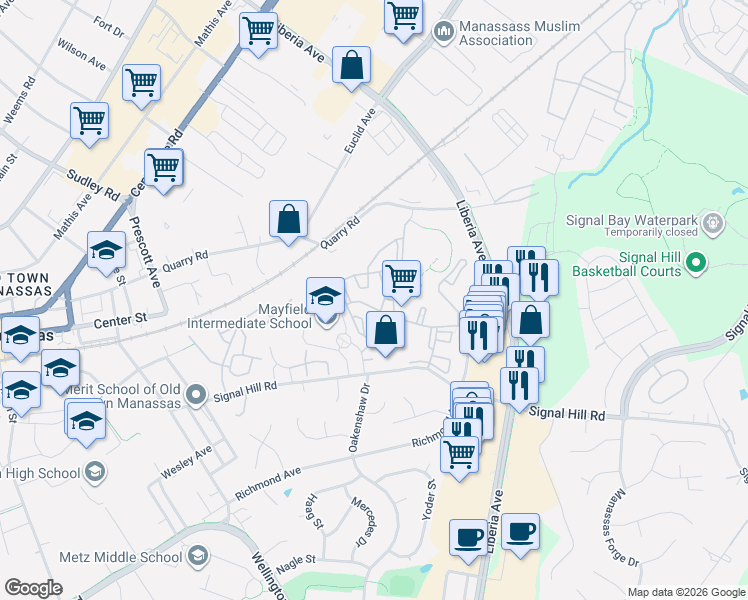 map of restaurants, bars, coffee shops, grocery stores, and more near 8463 Crozier Court in Manassas