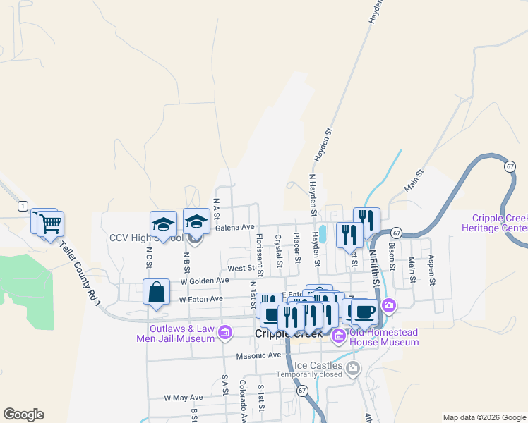 map of restaurants, bars, coffee shops, grocery stores, and more near 316 Florissant Street in Cripple Creek
