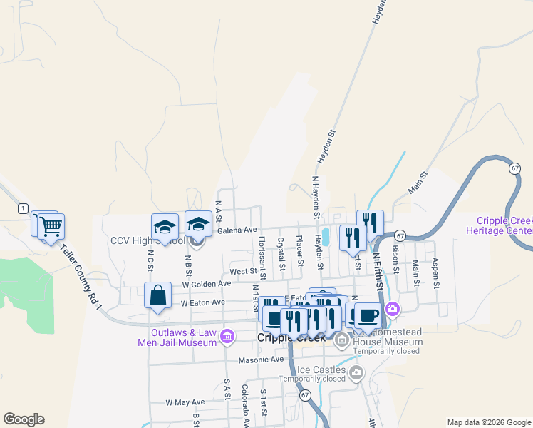 map of restaurants, bars, coffee shops, grocery stores, and more near 316 Florissant Street in Cripple Creek