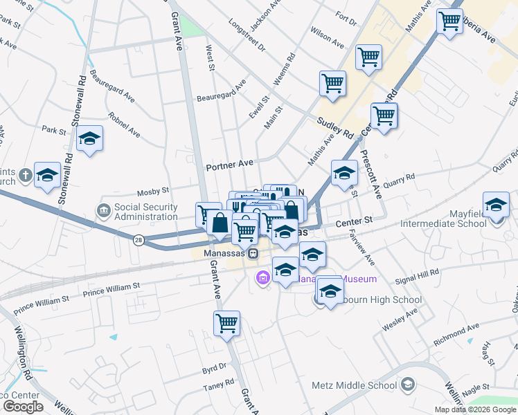 map of restaurants, bars, coffee shops, grocery stores, and more near 9324 Main Street in Manassas