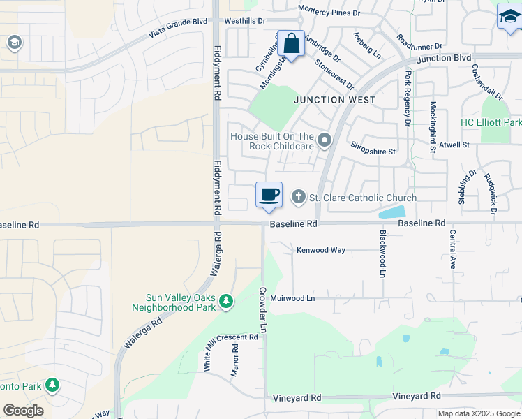 map of restaurants, bars, coffee shops, grocery stores, and more near 4080 Baseline Road in Roseville