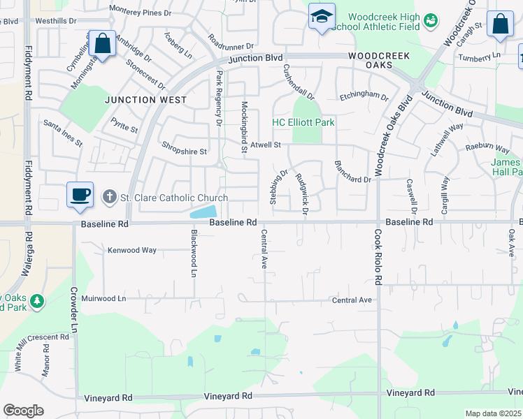 map of restaurants, bars, coffee shops, grocery stores, and more near 117 Marinette Court in Roseville