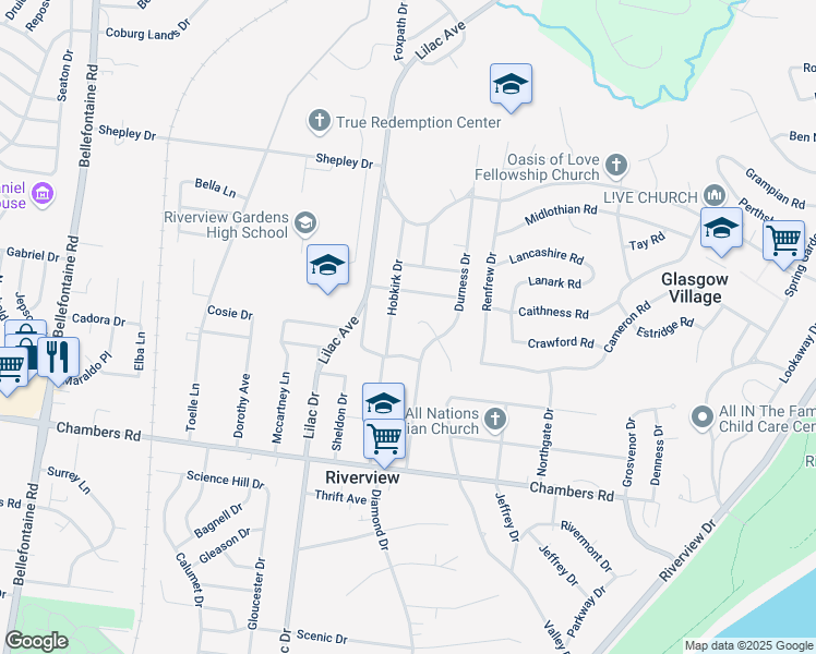 map of restaurants, bars, coffee shops, grocery stores, and more near 10261 Valley Drive in St. Louis