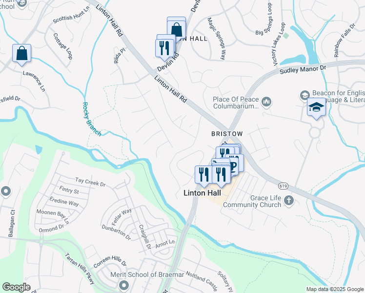 map of restaurants, bars, coffee shops, grocery stores, and more near 12760 Merrimont Lane in Bristow