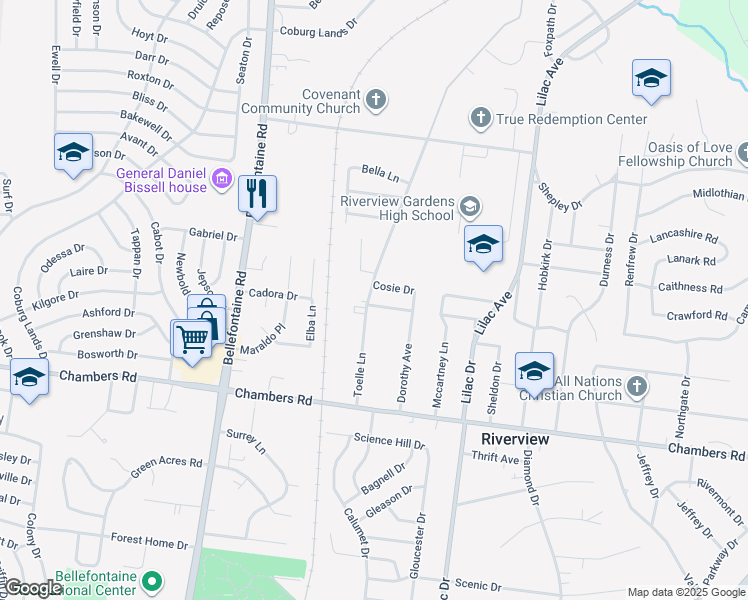 map of restaurants, bars, coffee shops, grocery stores, and more near 587 Glorose Drive in St. Louis