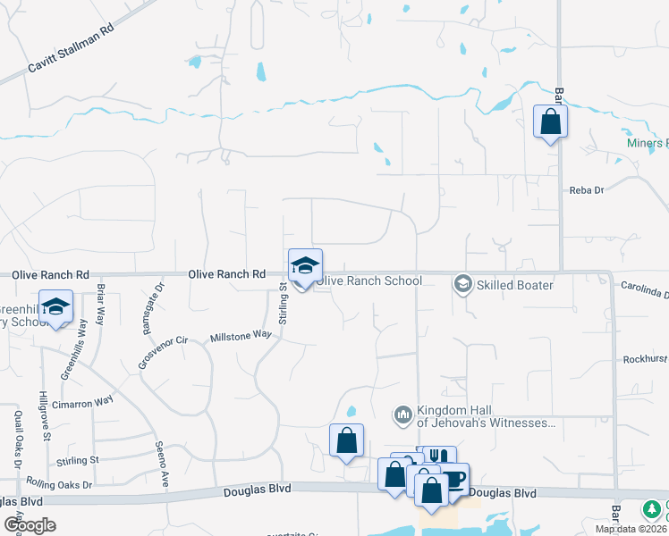 map of restaurants, bars, coffee shops, grocery stores, and more near 5287 Olive Ranch Road in Granite Bay