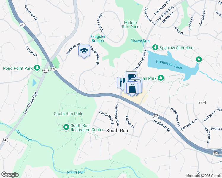 map of restaurants, bars, coffee shops, grocery stores, and more near 7419 Brian Run Court in Springfield