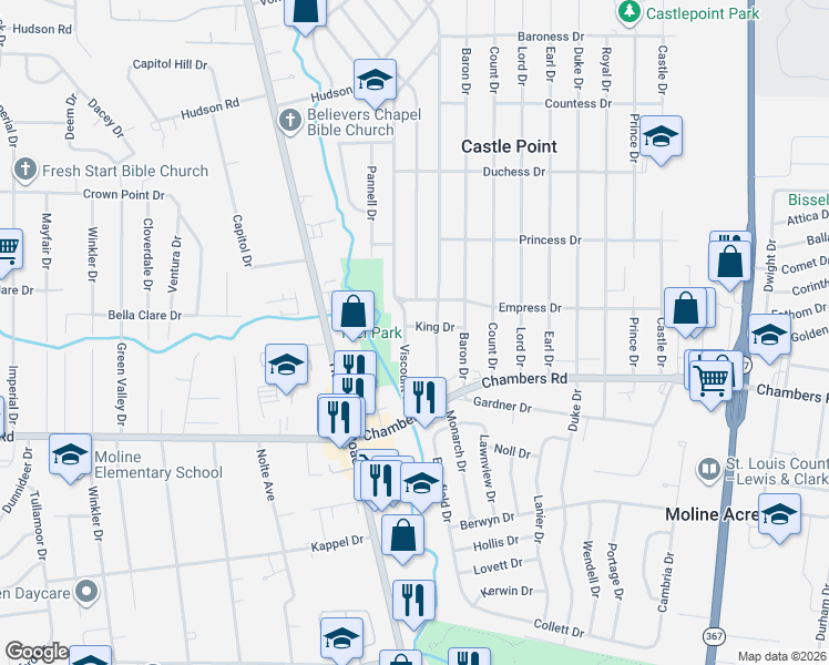 map of restaurants, bars, coffee shops, grocery stores, and more near 10062 Viscount Drive in Saint Louis