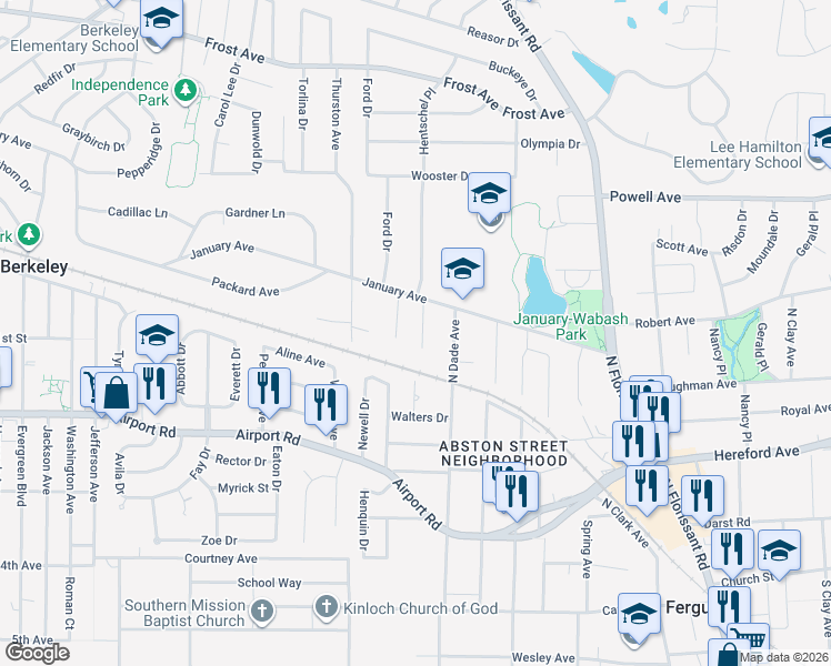 map of restaurants, bars, coffee shops, grocery stores, and more near 431 Hentschel Place in Ferguson