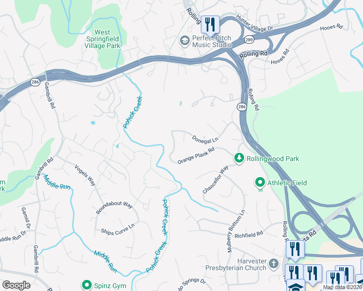 map of restaurants, bars, coffee shops, grocery stores, and more near 7510 Mullingar Court in Springfield