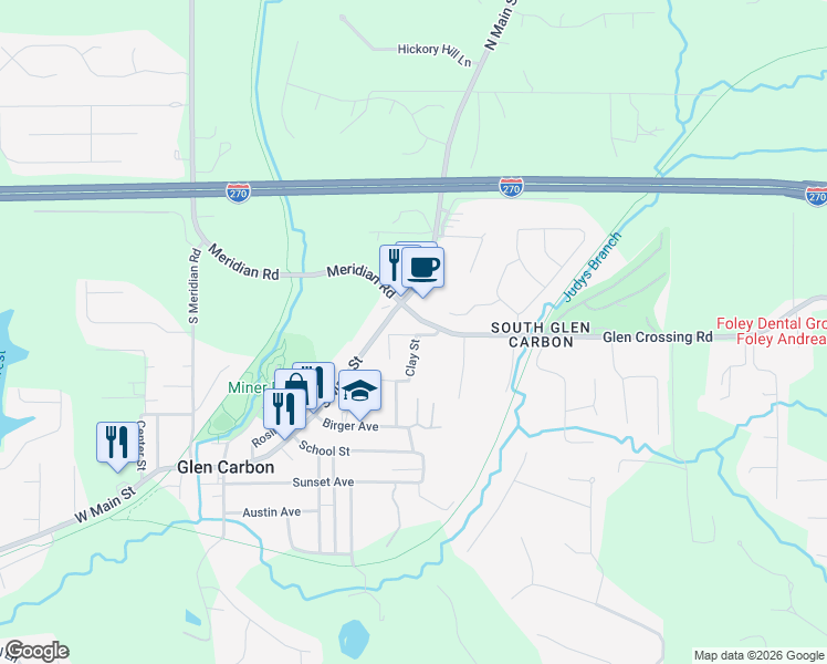 map of restaurants, bars, coffee shops, grocery stores, and more near 179 Glen Crossing Road in Glen Carbon