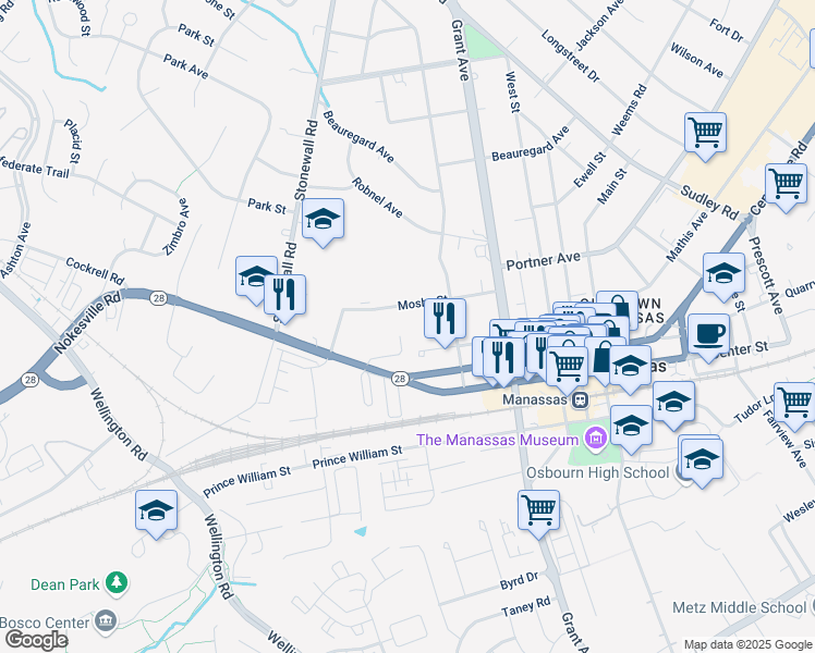 map of restaurants, bars, coffee shops, grocery stores, and more near 9311 Lee Avenue in Manassas