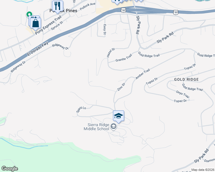 map of restaurants, bars, coffee shops, grocery stores, and more near 6435 Zircon Drive in Pollock Pines