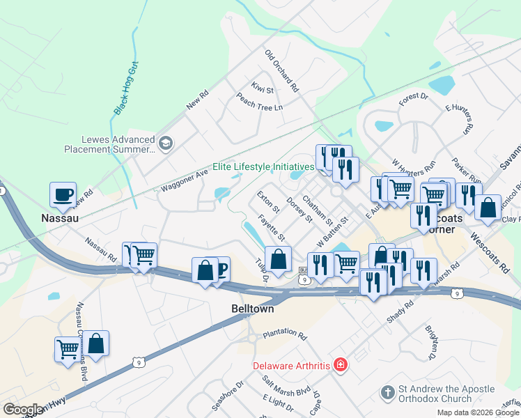 map of restaurants, bars, coffee shops, grocery stores, and more near 17366 Fayette Street in Lewes