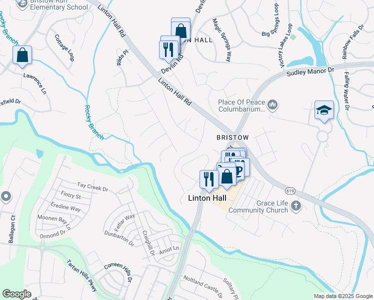 map of restaurants, bars, coffee shops, grocery stores, and more near 12760 Merrimont Lane in Bristow