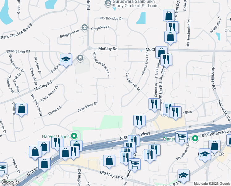 map of restaurants, bars, coffee shops, grocery stores, and more near 128 Biddeford Court North in Saint Charles