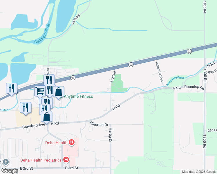 map of restaurants, bars, coffee shops, grocery stores, and more near 665-699 1725 Road in Delta
